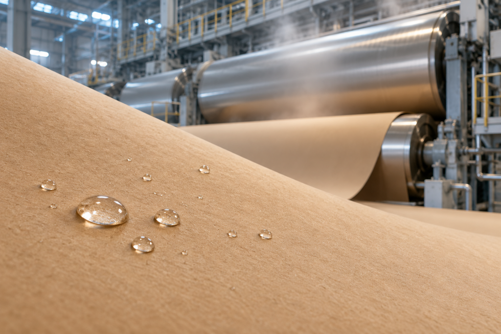 Illustration of water droplets on kraft paper with paper machine drying cylinders in the background