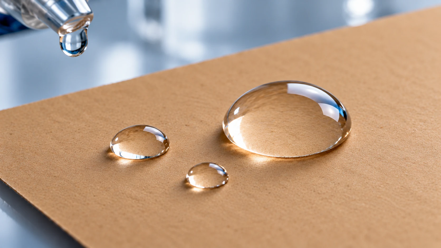 Water droplets on smooth kraft paper illustrating surface sizing